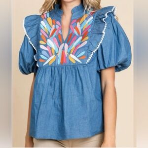 JODIFL Blue Blouse with Colorful Embroidery - Size S